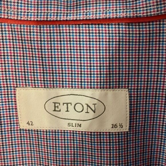 Eton 42 slim 16 1/2 red blue plaid button down shirt - Picture 4 of 8